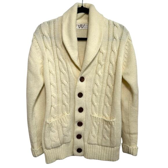 Vintage Wickbury Cable Knit Cardigan S Cream Shawl Collar Wood Buttons Cozy - Picture 2 of 10